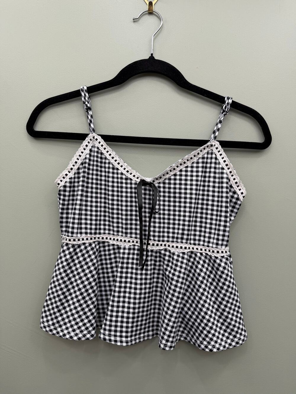 Electric Behaviour Gingham Babydoll Cami Top Coquette Y2K Lace Trim L